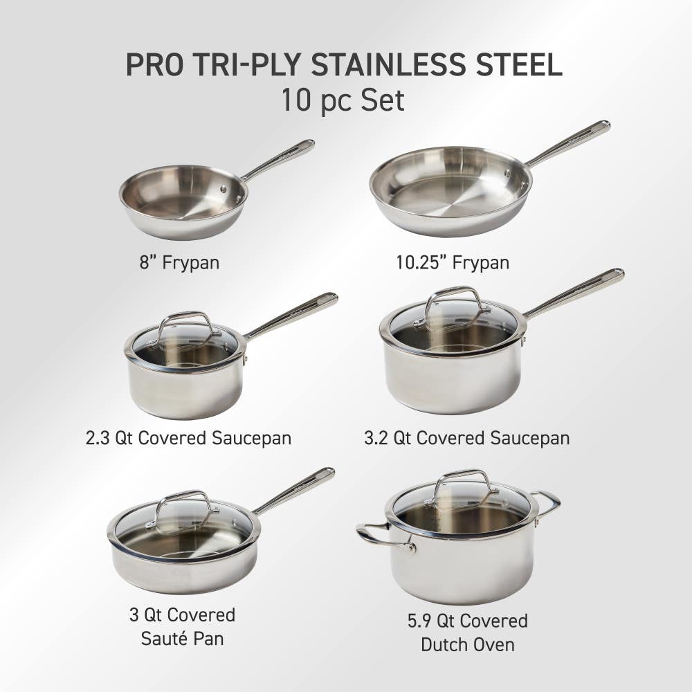 Pro Tri-Ply Stainless Steel, 10 Piece Pots and Pans Cookware Set, Silver